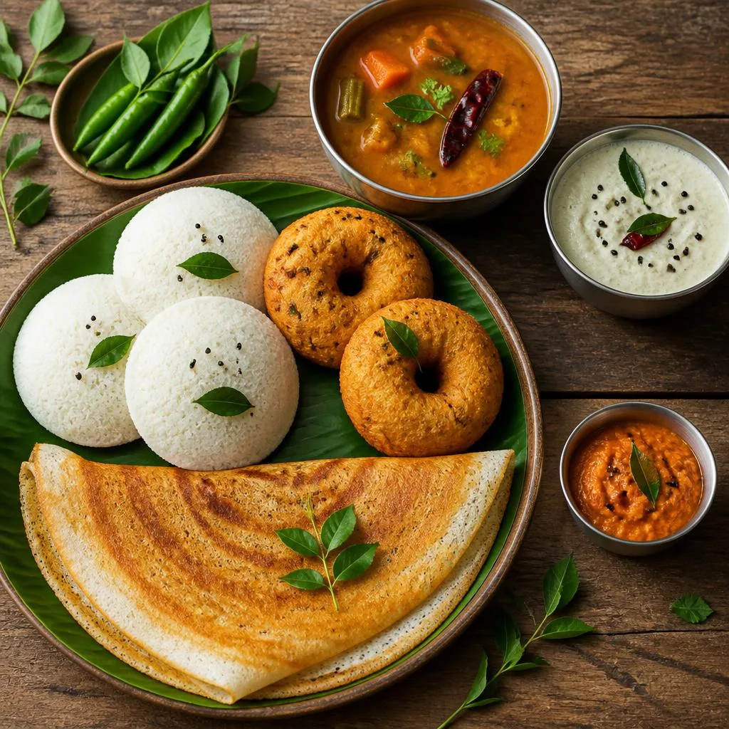 Weekend breakfast spread with idli, vada, and dosa